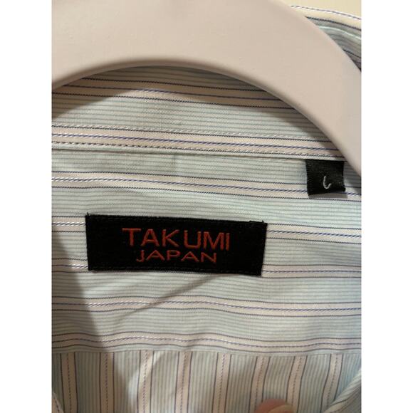 Takumi Japan Shirt Mens Large Dress Oxford Button‎ Up Suit French Cuff Stripe - Picture 5 of 12